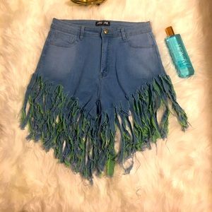 Denim Fringe Distressed High Waist Shorts